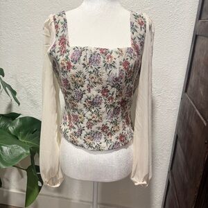 Floral Square-Neck Peasant Blouse in Cream